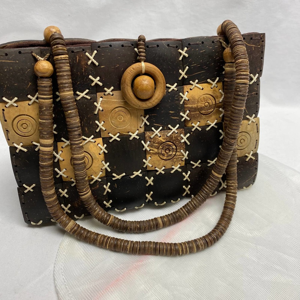 Handmade Coconut Shell Patchwork Handbag Tote Shoulder Beaded Strap - Picture 1 of 10